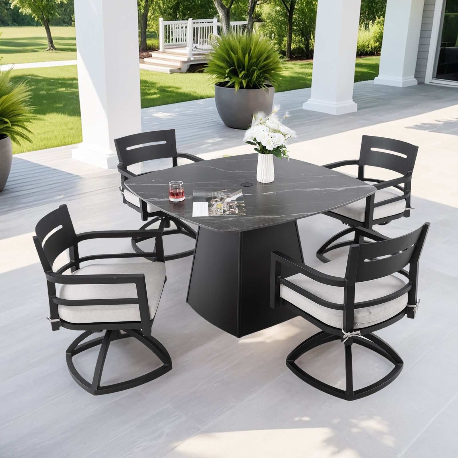 5-Piece Terrace Dining Set 44 Inch Round Square Sintered Stone Table 4 Swivel Chairs -