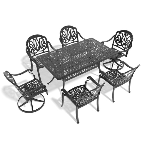 7-Piece Cast Aluminum Dining Set 58 Garden Table 2 Swivel Chairs + 2 Open Table Chairs -