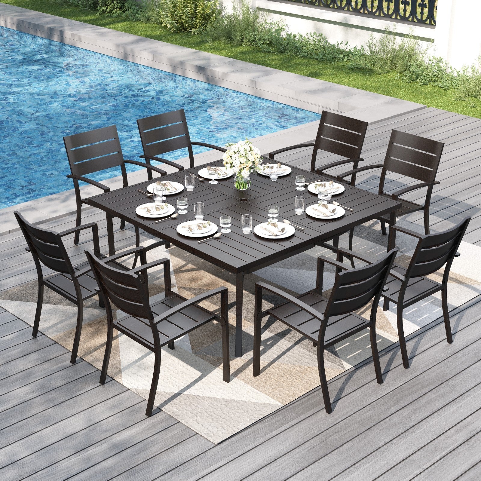 9-Piece Terrace Dining Set Outdoor Metal Table and Chair Furniture Set for Garden Courtyard -