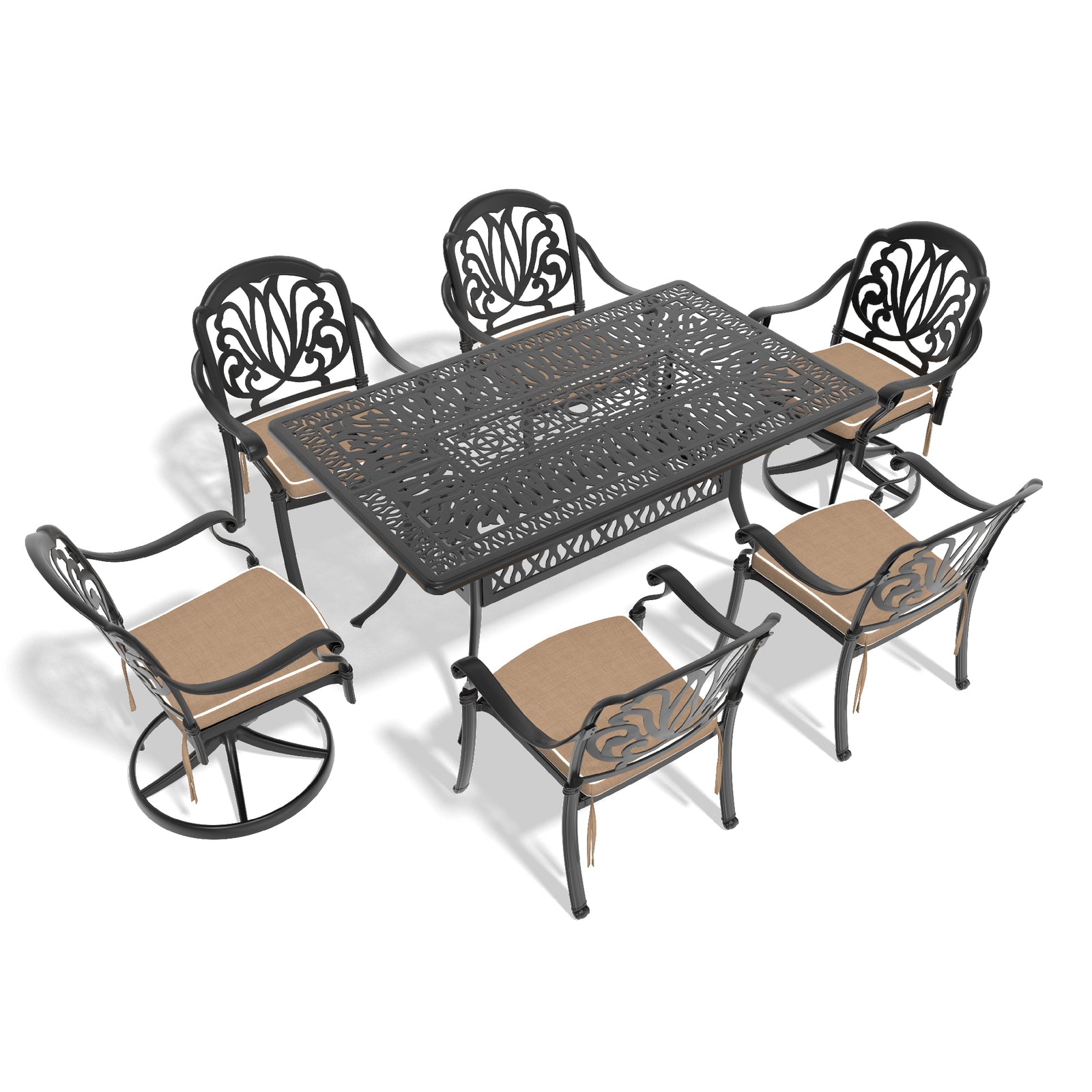 7-Piece Cast Aluminum Dining Set 58 Garden Table 2 Swivel Chairs + 2 Open Table Chairs -