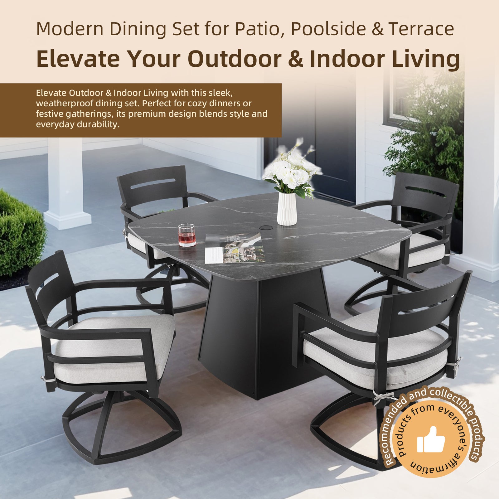 5-Piece Terrace Dining Set 44 Inch Round Square Sintered Stone Table 4 Swivel Chairs -