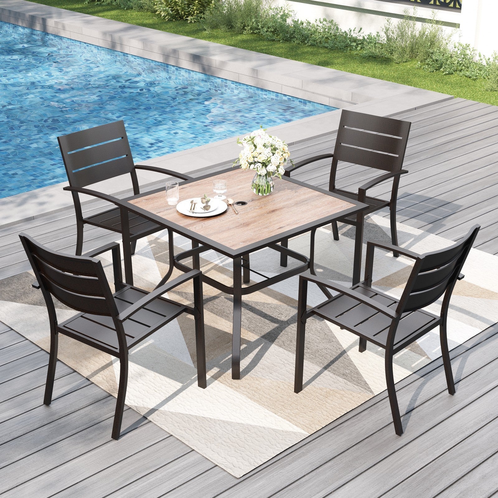 5-Piece Terrace Dining Set Outdoor Wooden Table Metal Chair Furniture Set Garden Dining -
