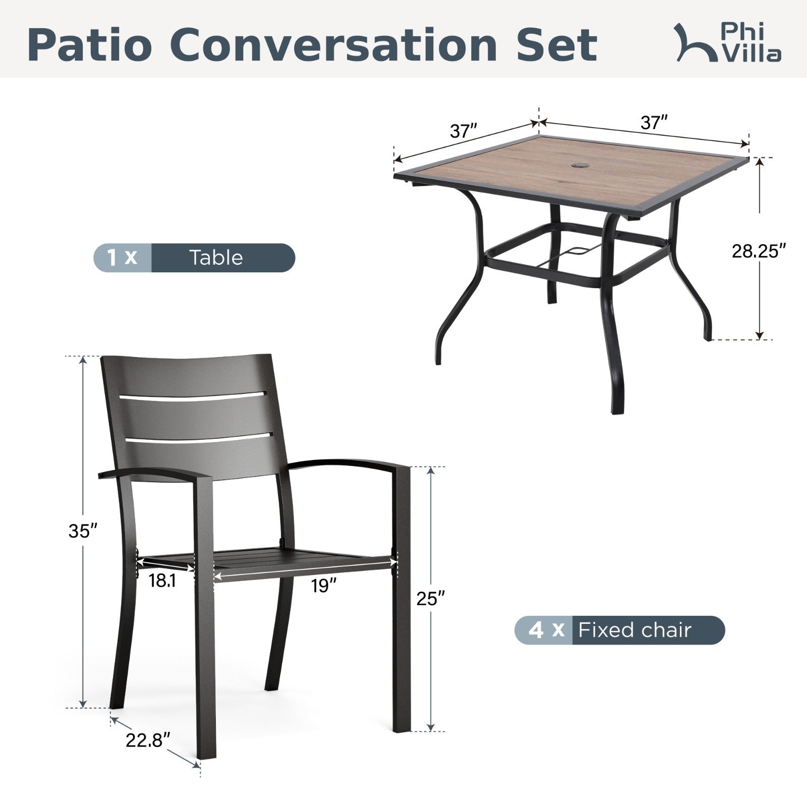 5-Piece Terrace Dining Set Outdoor Wooden Table Metal Chair Furniture Set Garden Dining -